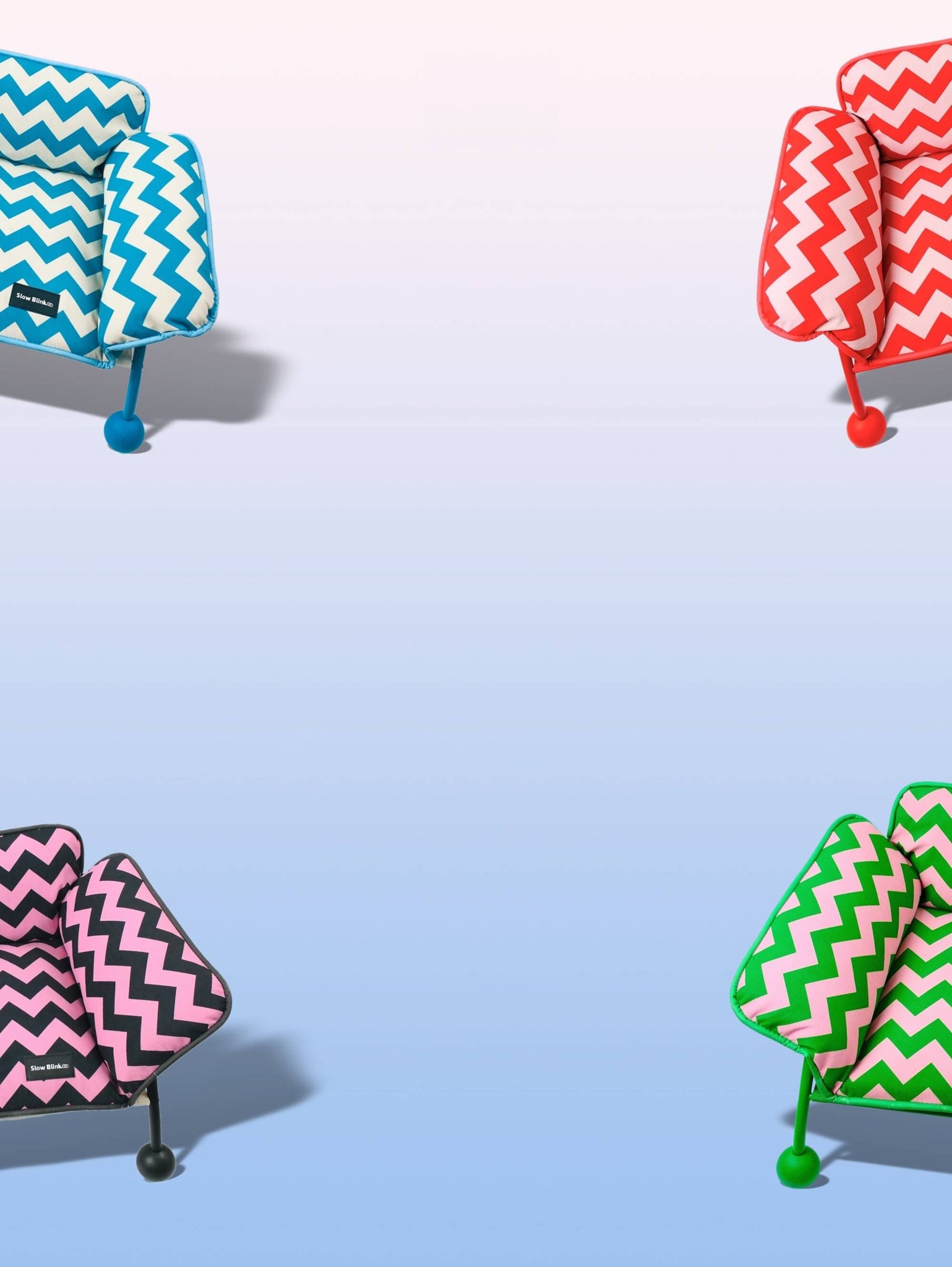 Four Modern Elevated Cat Hammocks & Sofa Beds in bold zigzag patterns—blue, red, pink, and green. Designed for style and comfort with a cushioned seat, raised armrests, sturdy metal frame, and ball feet.