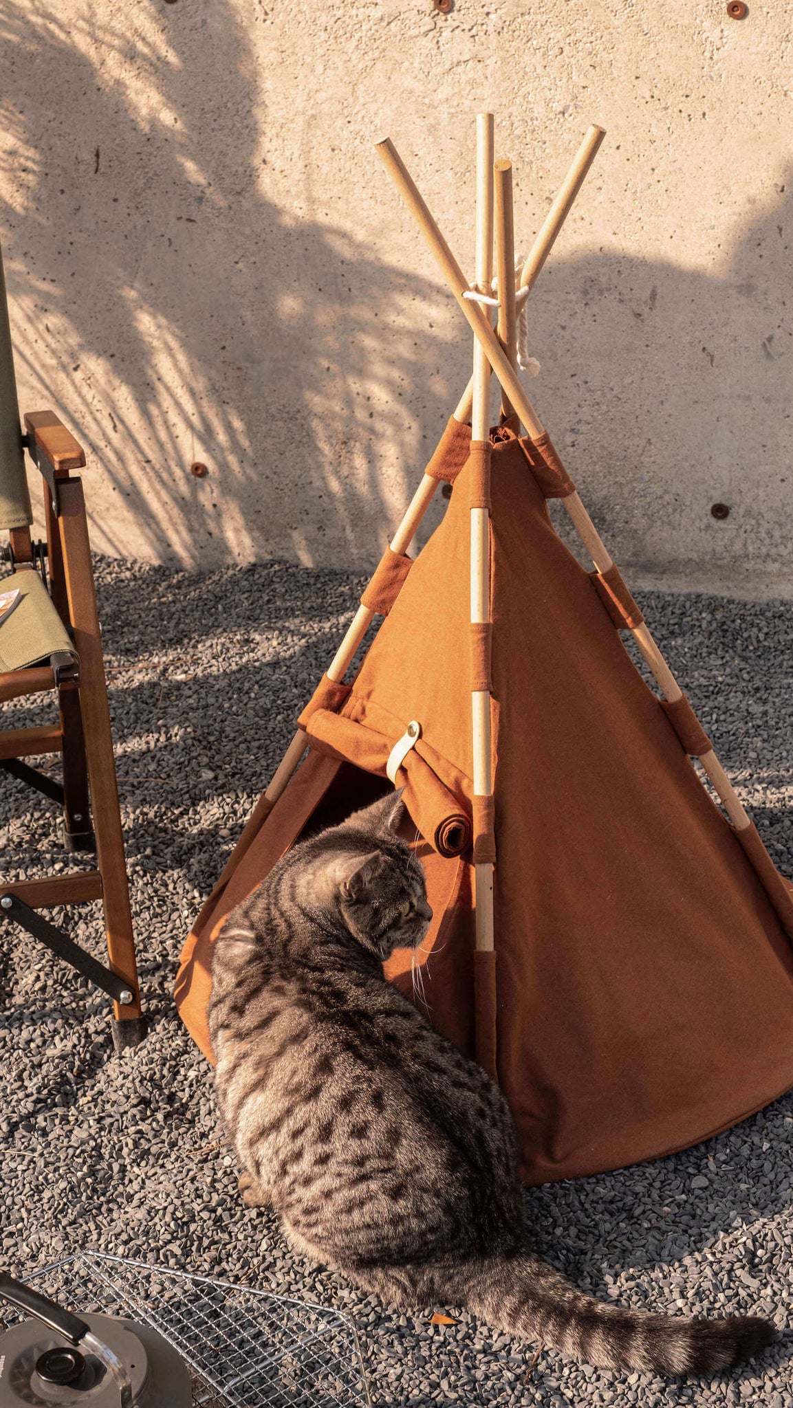 A grey cat curiously looks inside the Boho Chic Pet Tent, a minimalist brown teepee-style tent with durable wooden poles, blending perfectly into the outdoor setting.