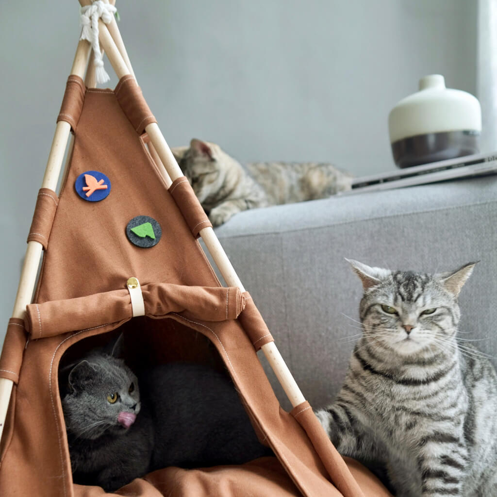 Two cats lounging near the Boho Chic Pet Tent, featuring playful felt decorations and a comfortable interior, perfect for modern pet owners looking to add style to their home.