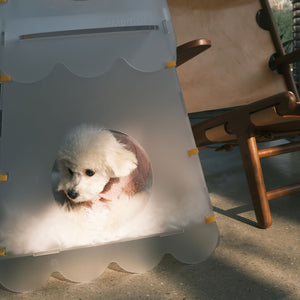 Small dog resting in the pet cave of the Lighthouse Cat Tower, illuminated by soft lighting.
