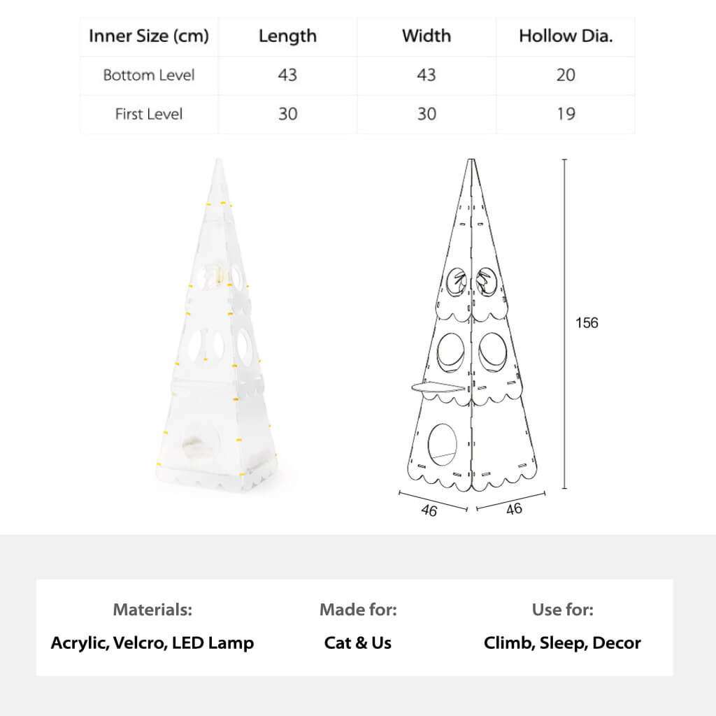 Dimensions and product specifications for the Lighthouse Cat Tower and Floor Lamp.