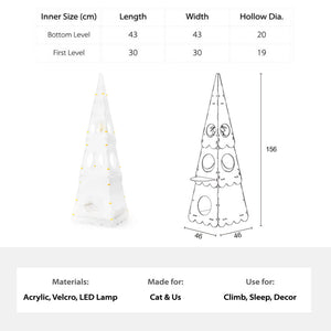 Dimensions and product specifications for the Lighthouse Cat Tower and Floor Lamp.