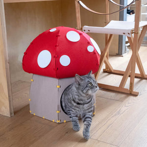 Cat stepping out of the Mushroom Felt Cat Cave, showing its wide entrance and ease of access.
