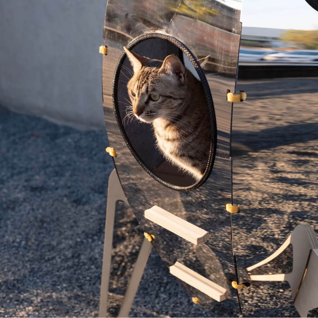 A cat peering out from the circular opening of the Rocket Cat Tower.