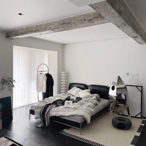 Futuristic Rocket Cat Tower integrated seamlessly in a minimalist modern bedroom, combining stylish home decor with innovative cat furniture.