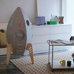 Rocket Cat Tower in a modern living room setup, showcasing minimalist and eco-friendly felt material with a sleek design. Stylish cat furniture enhancing home decor.