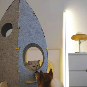 Cat peeking out of the concealed cat door in the Rocket Cat Tower, designed for play and relaxation with a unique and modern design.