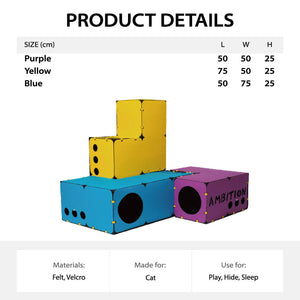  Tetris-inspired modular cat tunnel blocks in vibrant colors with product information and details.