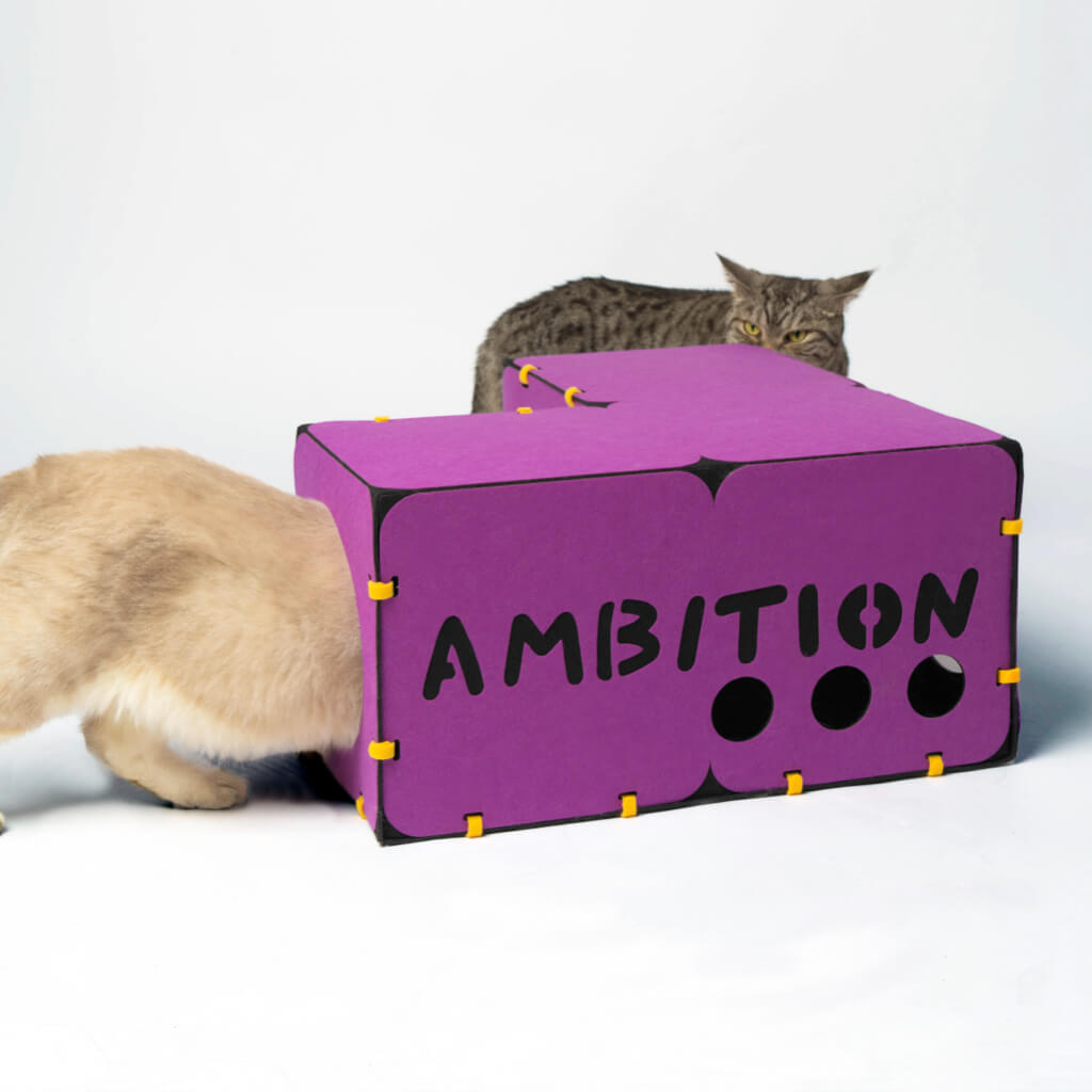 Purple stackable cat playhouse. Modular cat furniture made of high-quality felt, designed for interactive play and comfort.