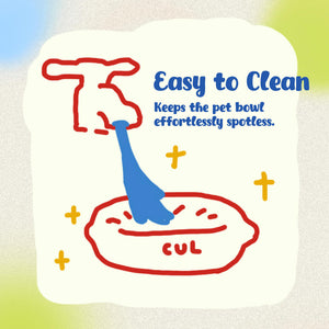 Easy to Clean Illustration for Pet Bowls – Faucet illustration with text "Easy to Clean – Keeps the Pet Bowl Effortlessly Spotless," emphasizing stain resistance and easy maintenance.