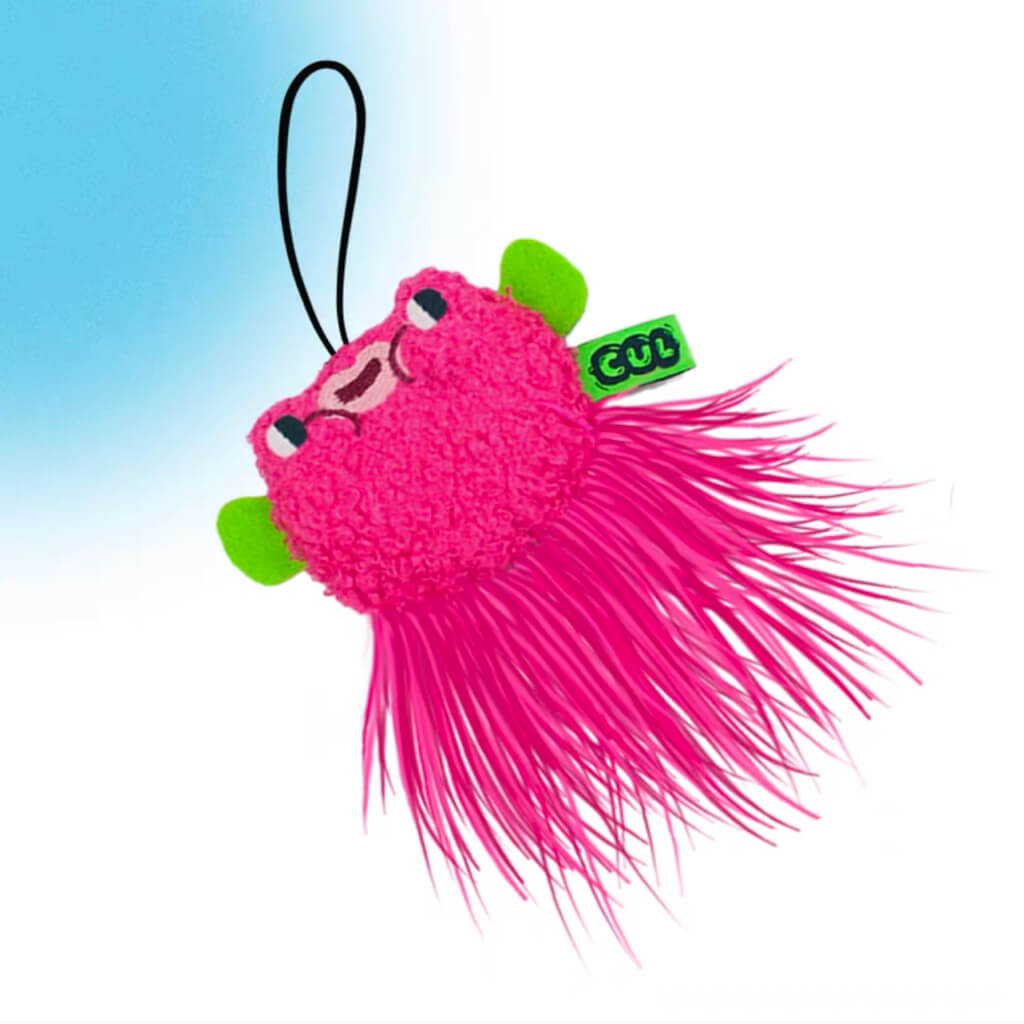Close-up of the cat wand handle, featuring a soft pink plush grip for comfortable use during interactive play sessions