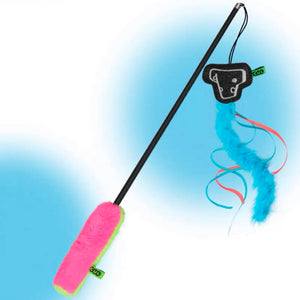 Blue feather attachment for the extra-long cat teaser wand, featuring ribbons to encourage chasing and pouncing.