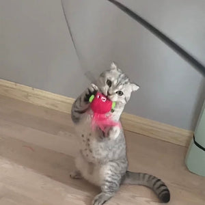 Adorable cat playing with a pink animal-shaped attachment from the extra-long cat teaser wand, showing interactive play.