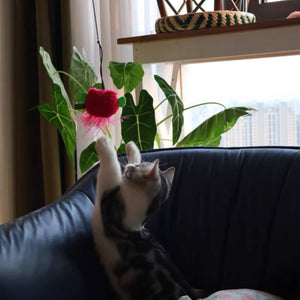 Cat reaching up to play with a hanging pink animal attachment from the interactive cat teaser wand.