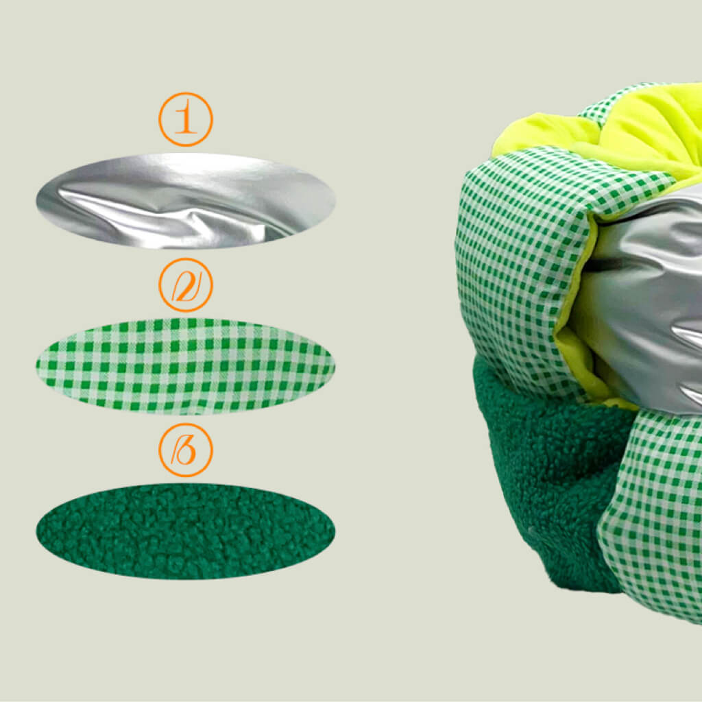 Close-up detail of the woven-style fleece cat bed showing three distinct fabric textures: shiny silver, green checkered, and soft green fleece, highlighting the combination of materials used to provide warmth and comfort for pets.