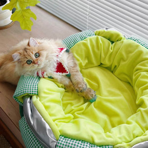 A fluffy, golden-colored cat wearing a festive red sweater is lounging next to the lime-green inner cushion of the woven-style fleece cat bed. The bed’s mix of green checkered fabric and silver accent is prominently featured, adding a stylish contrast.