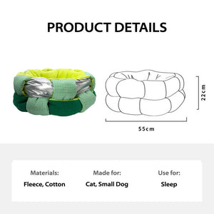 Product details for the woven-style fleece cat bed, showing a graphic of the bed’s dimensions (55 cm diameter, 22 cm height) alongside material details: fleece and cotton, designed for cats and small dogs, ideal for sleeping.