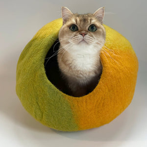 Front view: cat sitting in Amalfi Lemon wool felt cat cave — soft, secure, modern cat hideaway.