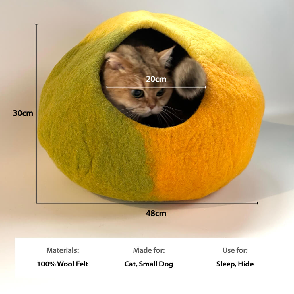 Size guide for Amalfi Lemon wool felt cat cave — 48 cm W × 30 cm H with 20 cm entrance; 100% wool felt.