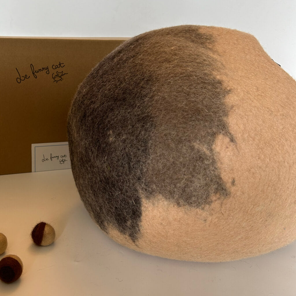 Back detail of Beige Mochi wool felt cat cave showing cocoa gradient texture — modern cat hideaway bed.