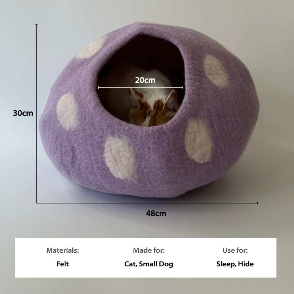 Dimensions of the Taro Purple Felt Cat Cave – ideal for sleep, hide, comfort