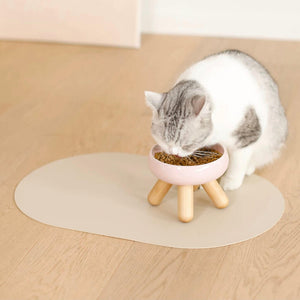 Cat eating from raised pink ceramic bowl on Gulu placemat – ergonomic feeding solution for pets.