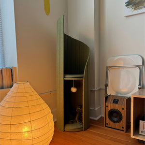 Pine Green Time Travel Cat Tower placed in a cozy corner with warm lighting from a floor lamp, featuring a cat resting inside.