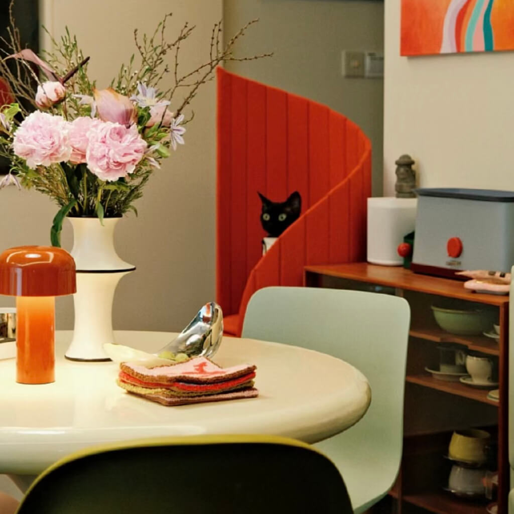 A minimalist dining area with floral arrangements on the table and vibrant decor. In the background, a black cat peeks out from the red spiral-shaped Time Travel Cat Tower, its eyes wide and alert. The setting is a blend of modern and cozy with eclectic decor elements.