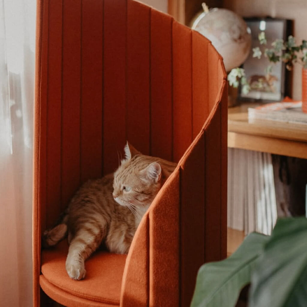 Close-up of the Time Travel Tower Cat Tree in Red, showcasing its sleek design and comfortable perch for cats to rest and play.