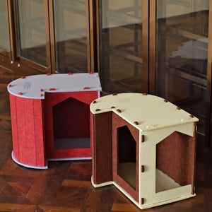 Modular cat house and tunnel in red and beige, interlocking felt structure for indoor cats.