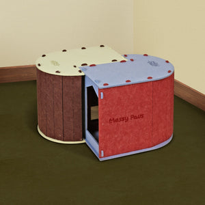 Top view of interlocked colorful cat hideaway with Messy Paws logo, customizable layout design.