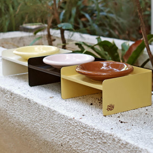 Modern elevated pet bowl stands in three trendy colors with matching ceramic dishes – adjustable feeding base for cats and small dogs.