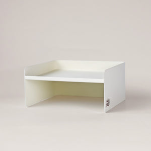 Standalone white metal pet bowl stand – adjustable dual-height minimalist base for stylish pet feeding.