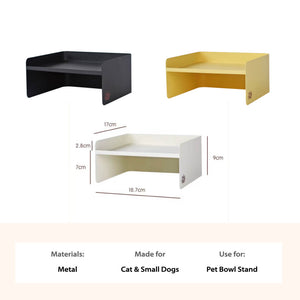 Black, yellow, and white dual-height metal pet bowl stands with measurements – adjustable elevated feeders for cats and small dogs.