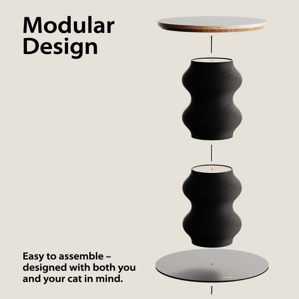 Exploded modular diagram of Coral Cat Scratcher + Side Table showing tabletop, wavy scratch modules, and base components.
