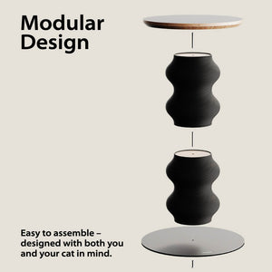 Exploded modular diagram of Coral Cat Scratcher + Side Table showing tabletop, wavy scratch modules, and base components.