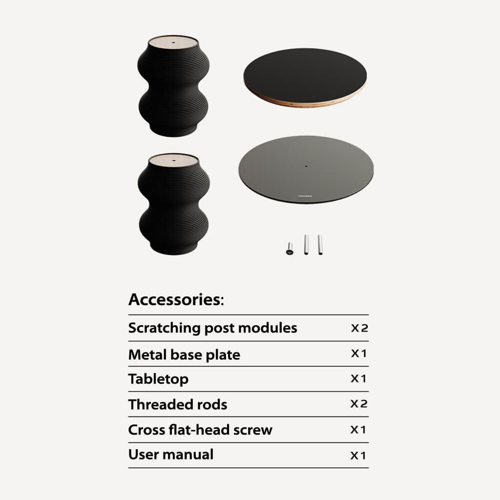 Accessories layout for Coral Cat Scratcher Table, including scratching post modules, metal base, tabletop, screws, and user manual.