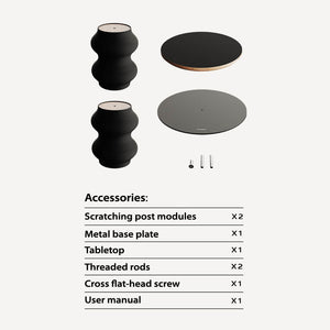 Accessories layout for Coral Cat Scratcher Table, including scratching post modules, metal base, tabletop, screws, and user manual.