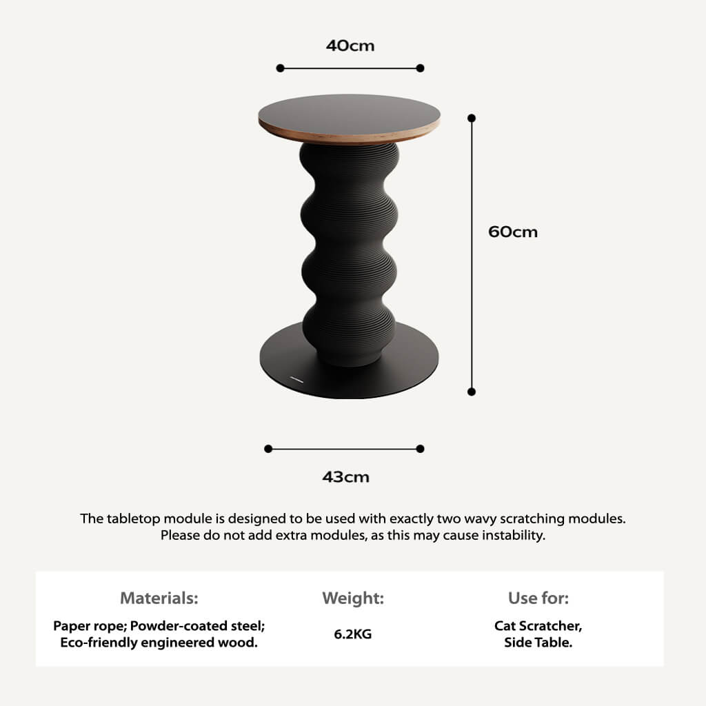 Dimension chart for Coral Cat Scratcher + Side Table with height, tabletop size, and base diameter, plus materials and weight info.
