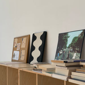 Coral Cat Scratching Pad displayed on shelf alongside books and decorative art