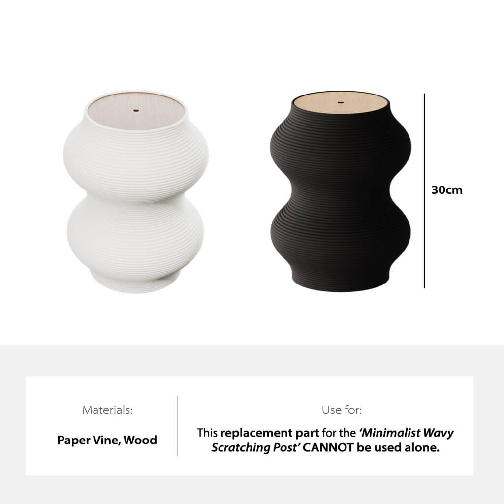 Product dimensions and materials of the Minimalist Wavy Scratching Post replacement part, showing 30cm height, wood, and paper vine composition.