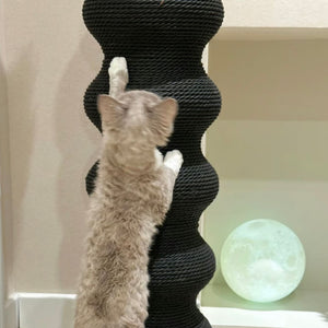 Close-up of a cat using the sturdy and elegant Wavy Scratching Post, with home decor in the background.