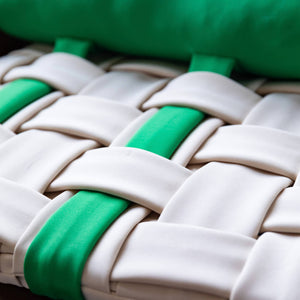 Close-up of the handwoven design and 4D Airfiber filling of the Green and Ivory pet mat, durable and breathable.
