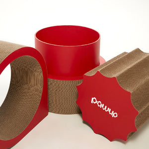 Close-up of XYZ Modular Cat Scratching Set in red, showcasing modular components for scratching, playing, and resting.