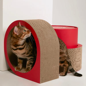 Bengal cat peeking out from the tunnel of the XYZ Modular Cat Scratching Set – Red.