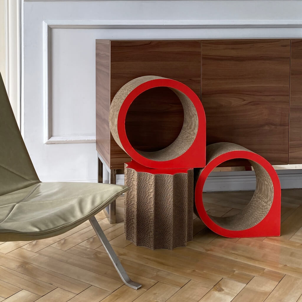 Stylish living room setup with XYZ Modular Cat Scratching Set – Red, used as modern home décor.