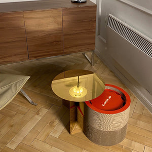 Stylish red circular piece of the XYZ Modular Cat Scratching Set, showcasing its unique design and cardboard texture.
