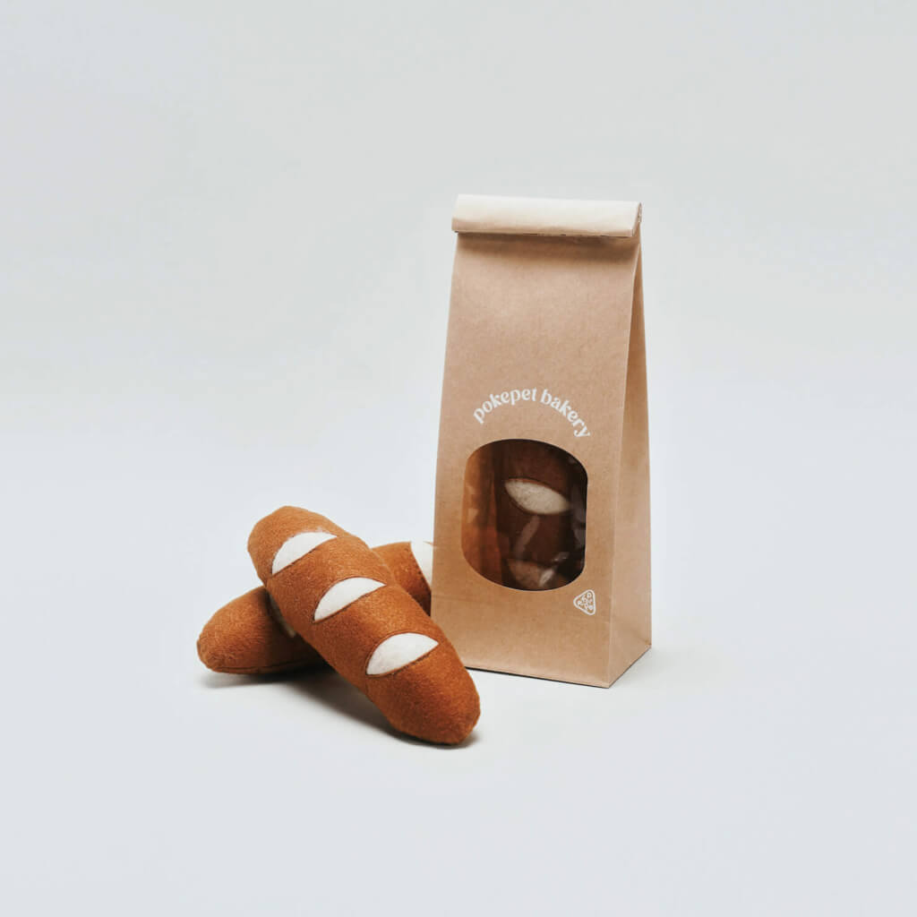 Baguette cat toy with eco-friendly packaging from PoketPet Bakery.