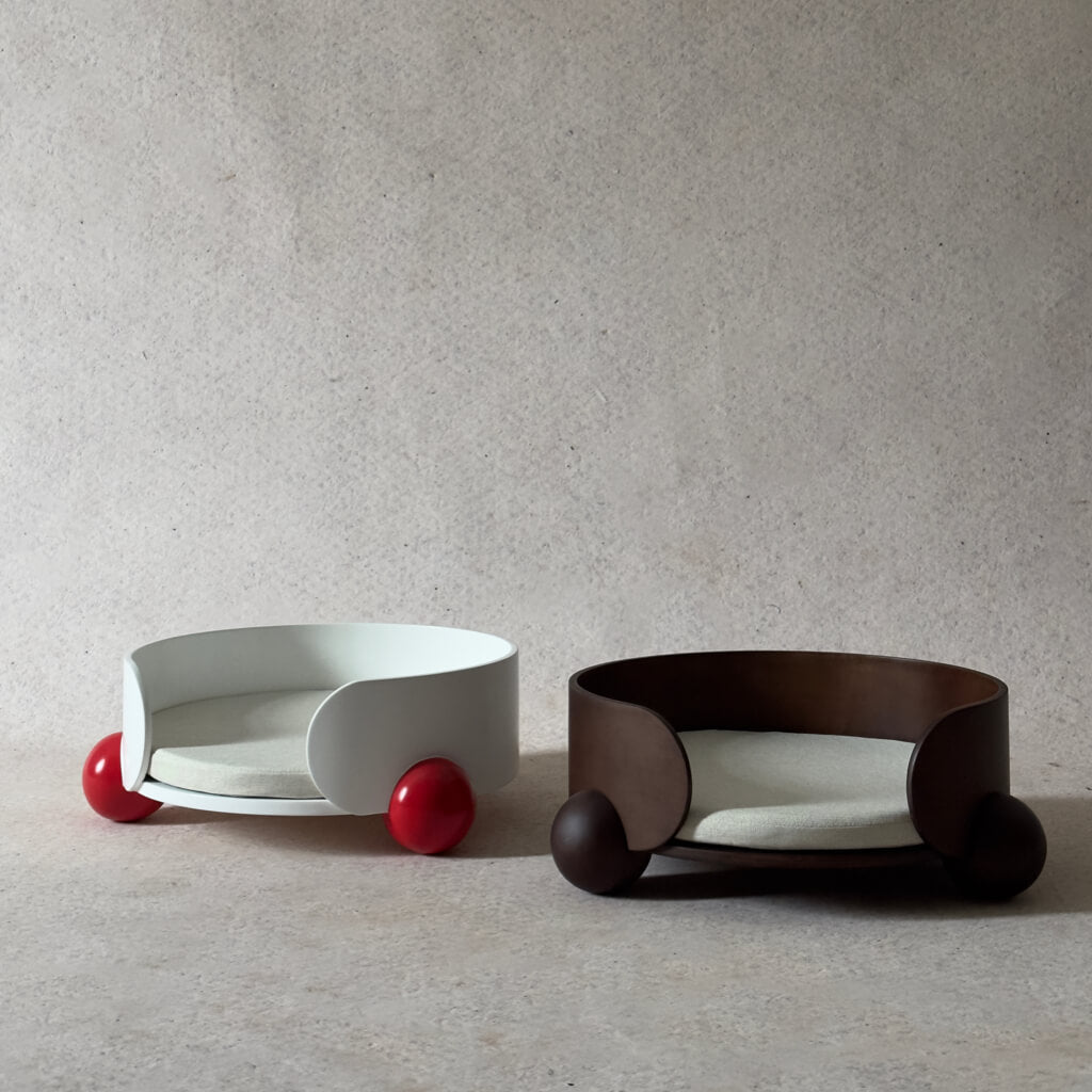 Side-by-side brown and white-red HugMe Pine Wood Pet Loungers – Available in two stylish color options to match different interior styles.