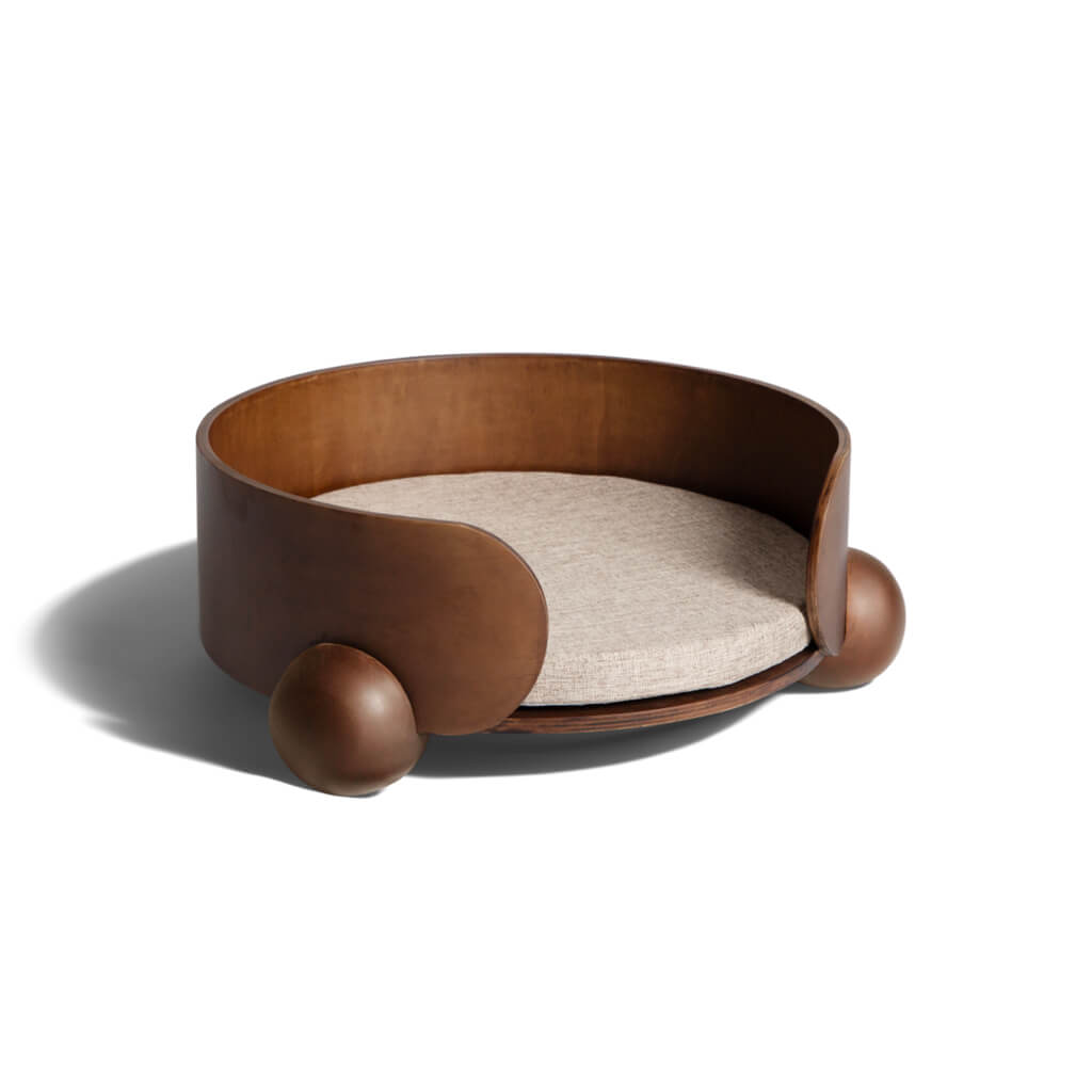 Minimalist brown HugMe Pine Wood Pet Lounger on a white background – Premium pine wood craftsmanship meets ergonomic pet comfort.